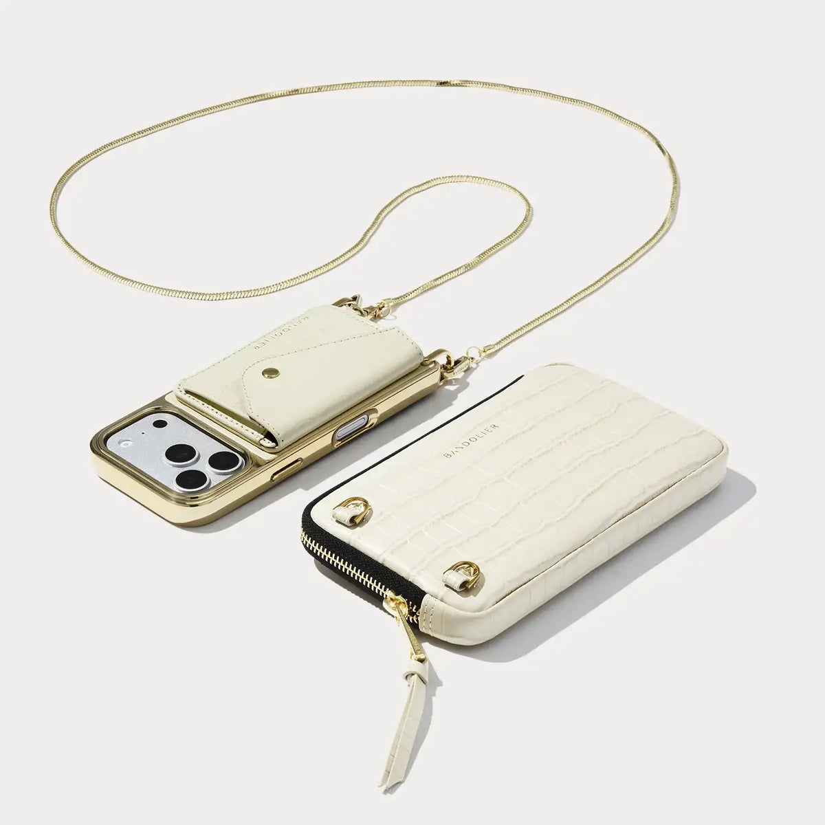 Remi Magnet Wallet Crossbody Phone Case Pouch Set - Ivory Croc/Gold