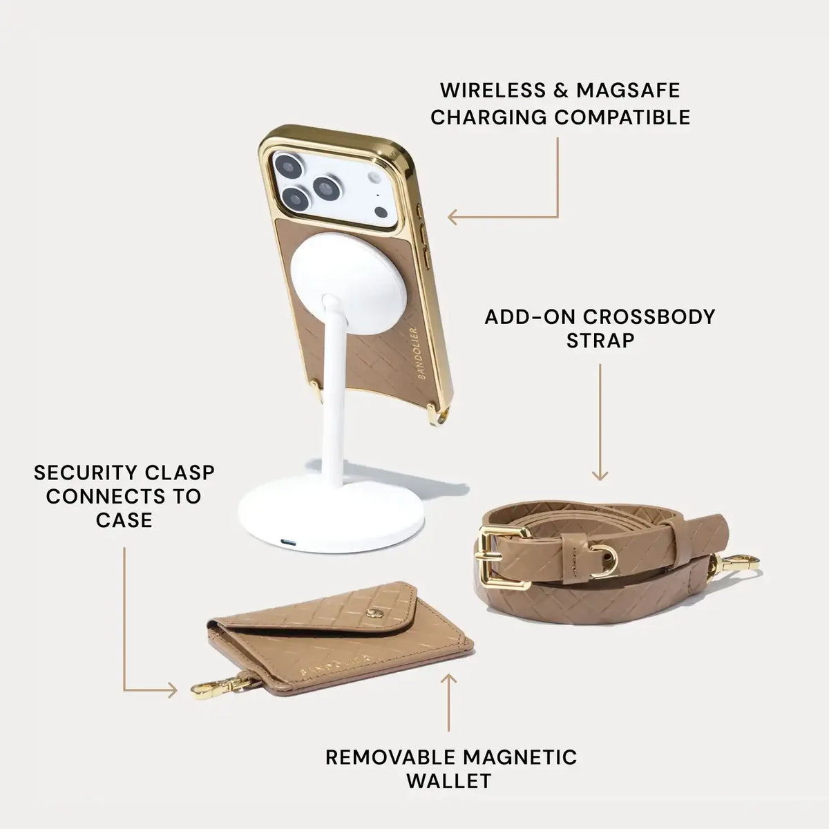 Remi Magnet Wallet Crossbody Phone Case Pouch Set - Latte Embossed Woven/Chrome Gold