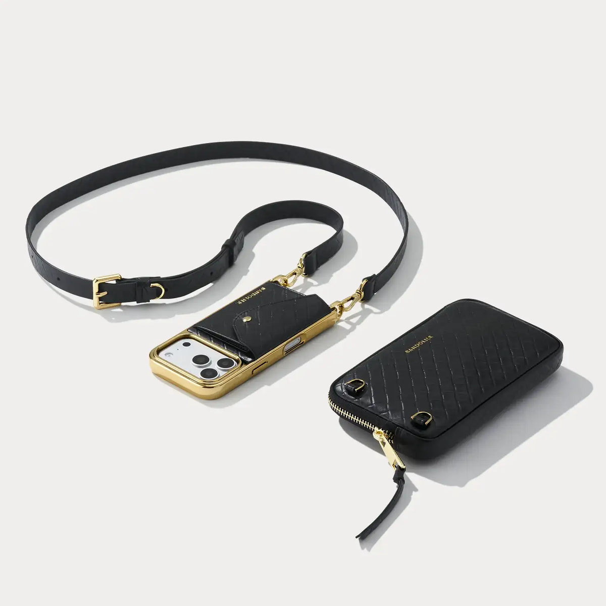 Hailey Pouch Set - Black Embossed Woven/Chrome Gold