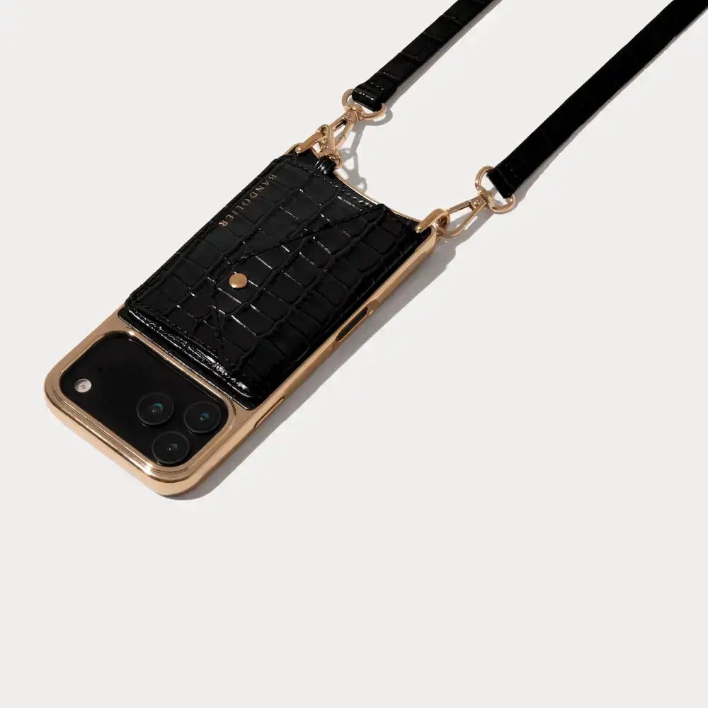 Remi Magnet Wallet Crossbody Phone Case - Black Croc/Gold