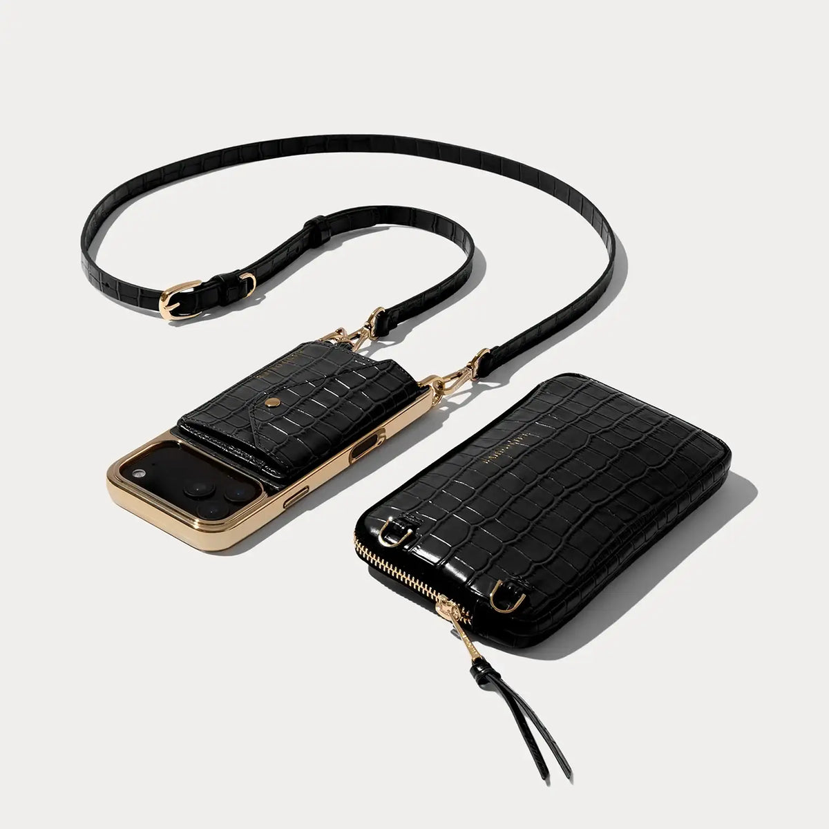 Remi Magnet Wallet Crossbody Phone Case Pouch Set - Black Croc/Gold