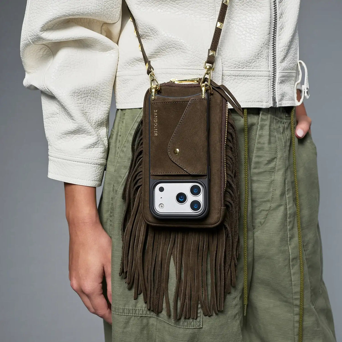 Sarah Fringe Pouch Set - Chocolate Suede/Gold