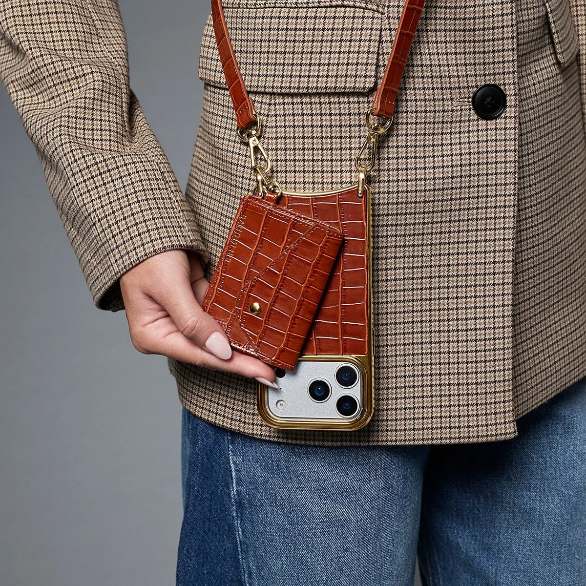 Remi Magnet Wallet Crossbody Phone Case - Auburn Croc/Chrome Gold