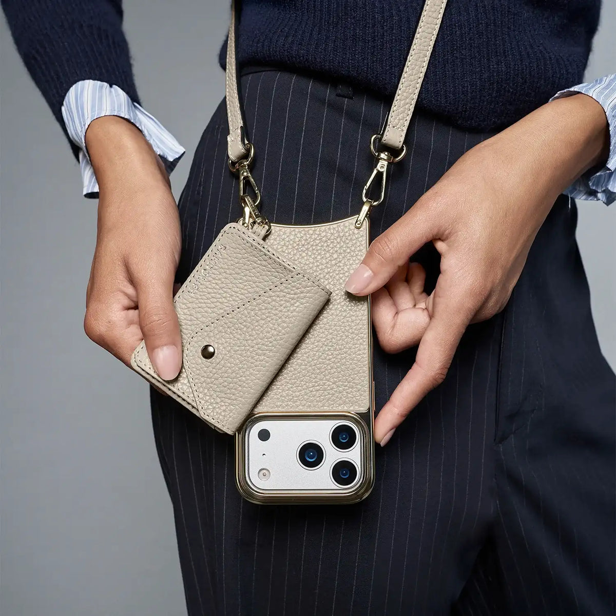 Remi Chrome Magnet Wallet Crossbody Phone Case - Stone/Chrome Gold