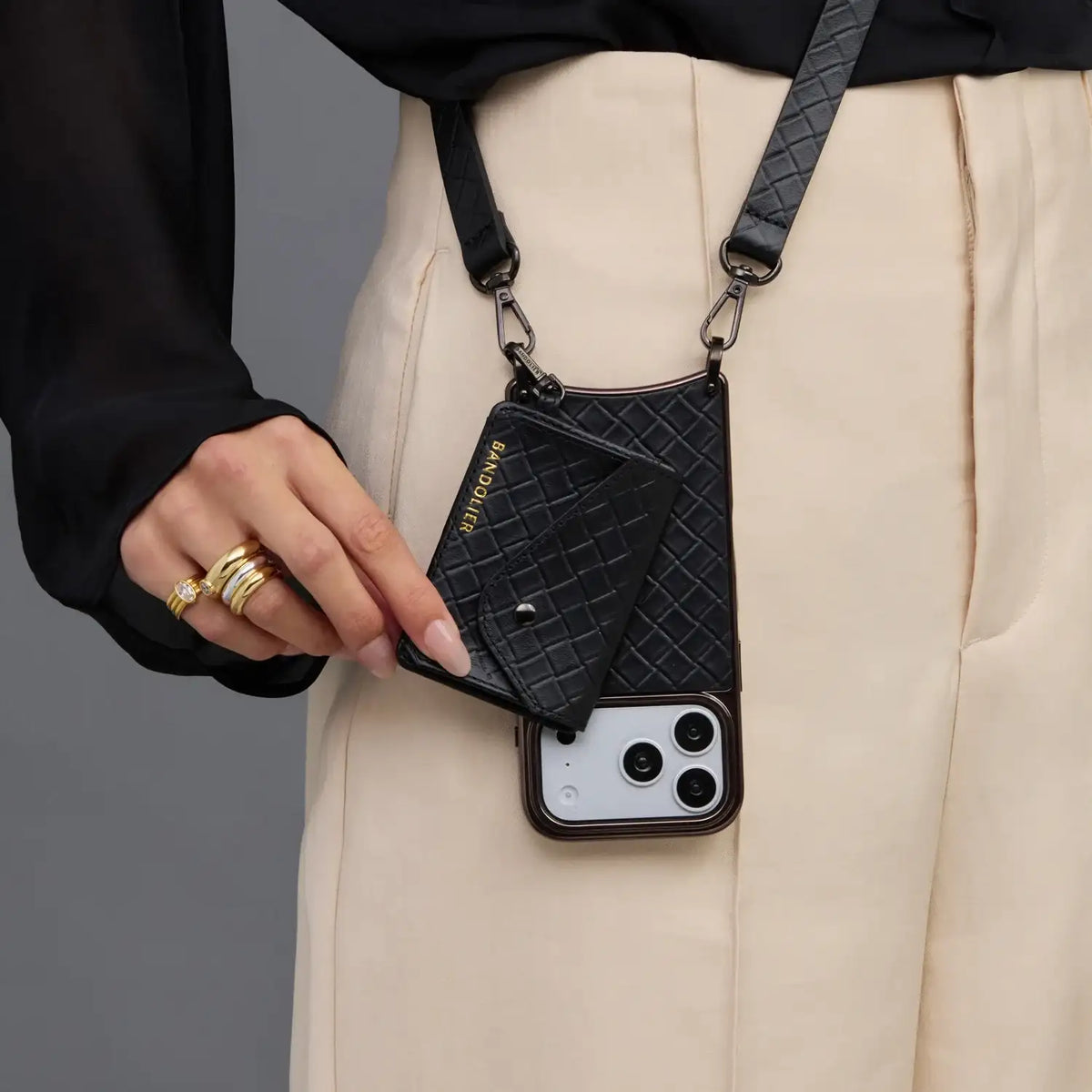 Remi Magnet Wallet Crossbody Phone Case - Black Embossed Woven/Chrome Pewter