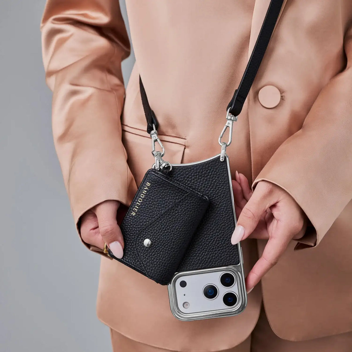 Remi Chrome Magnet Wallet Crossbody Phone Case - Black/Chrome Silver