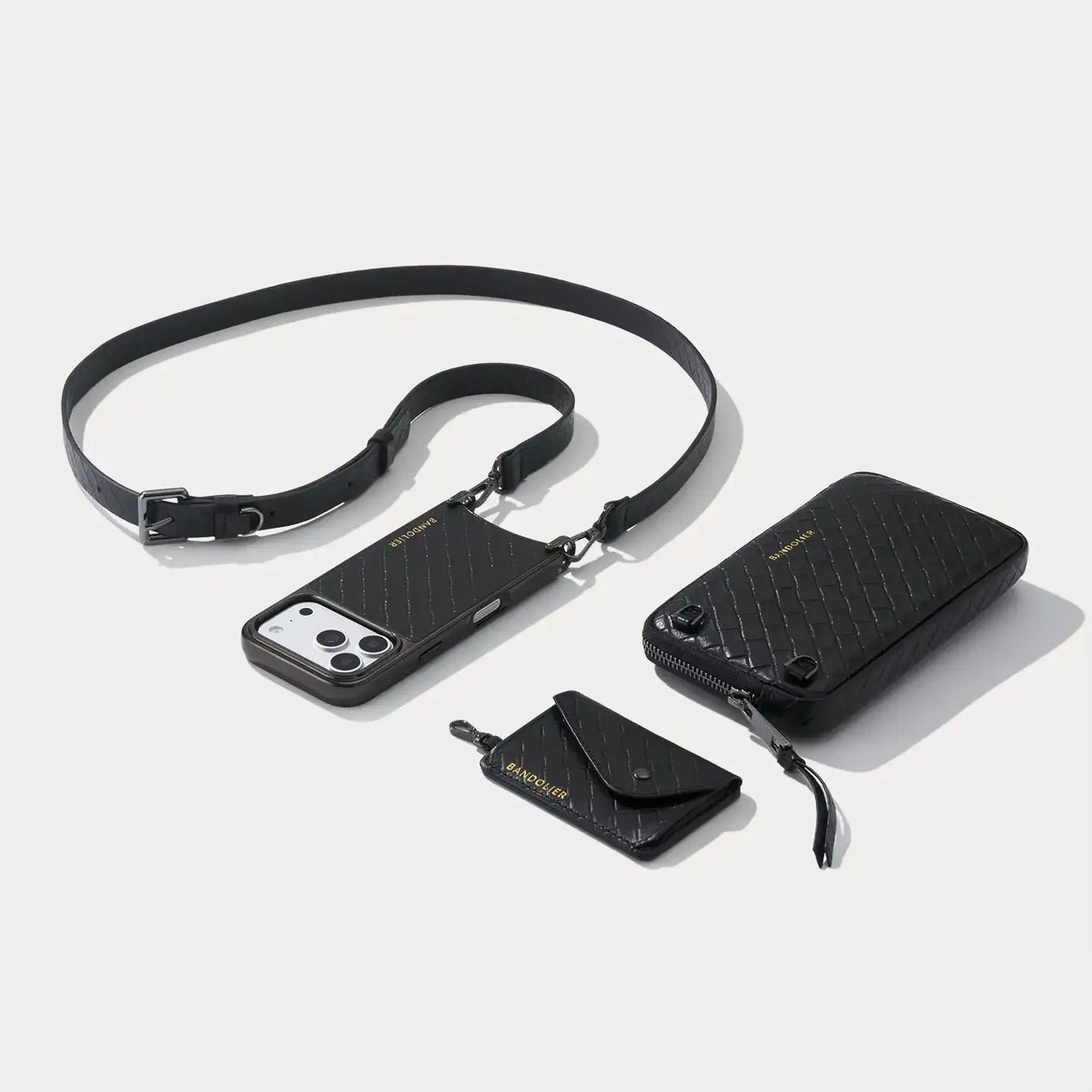 Remi Magnet Wallet Crossbody Phone Case Pouch Set - Black Embossed Woven/Chrome Pewter