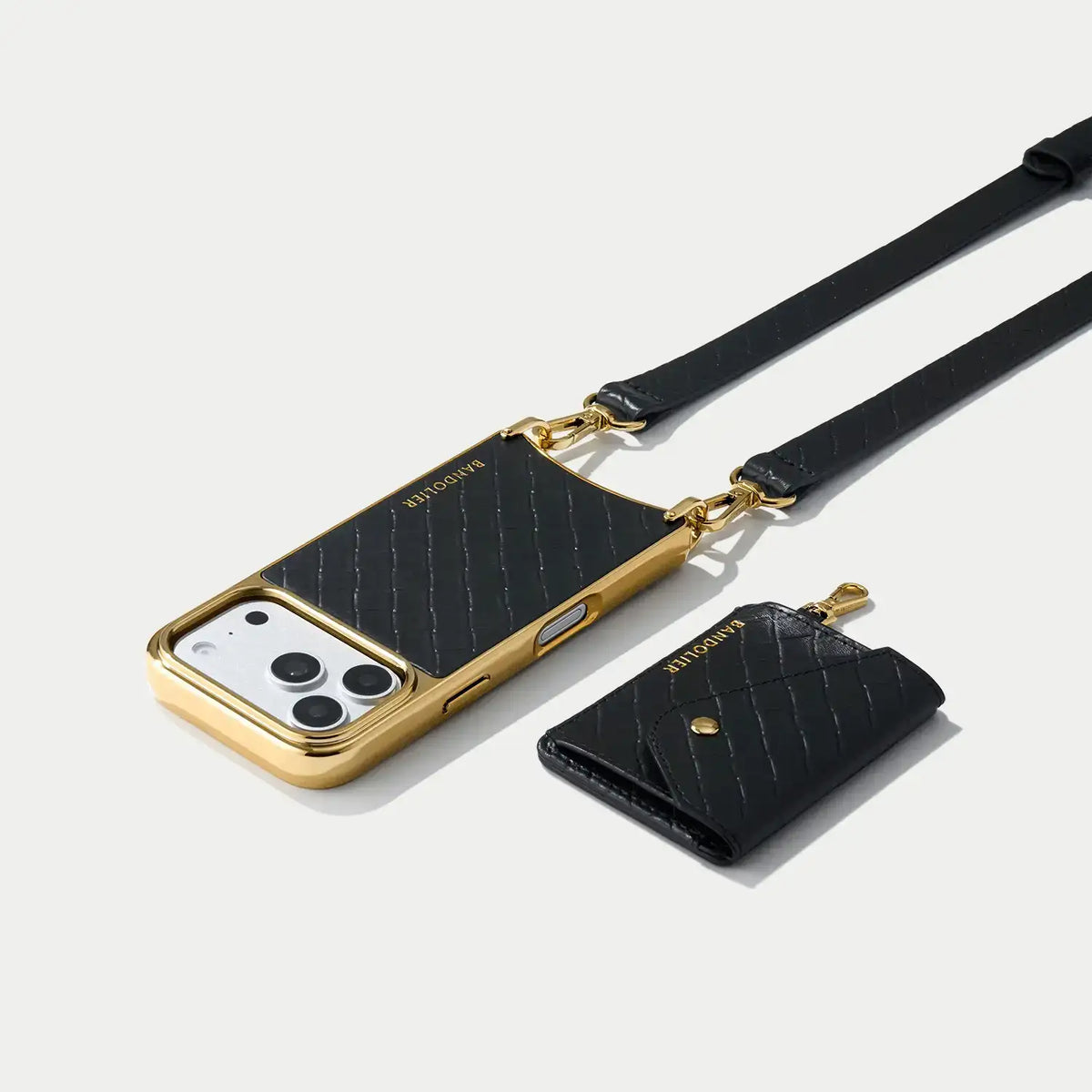 Remi Magnet Wallet Crossbody Phone Case - Black Embossed Woven/Chrome Gold
