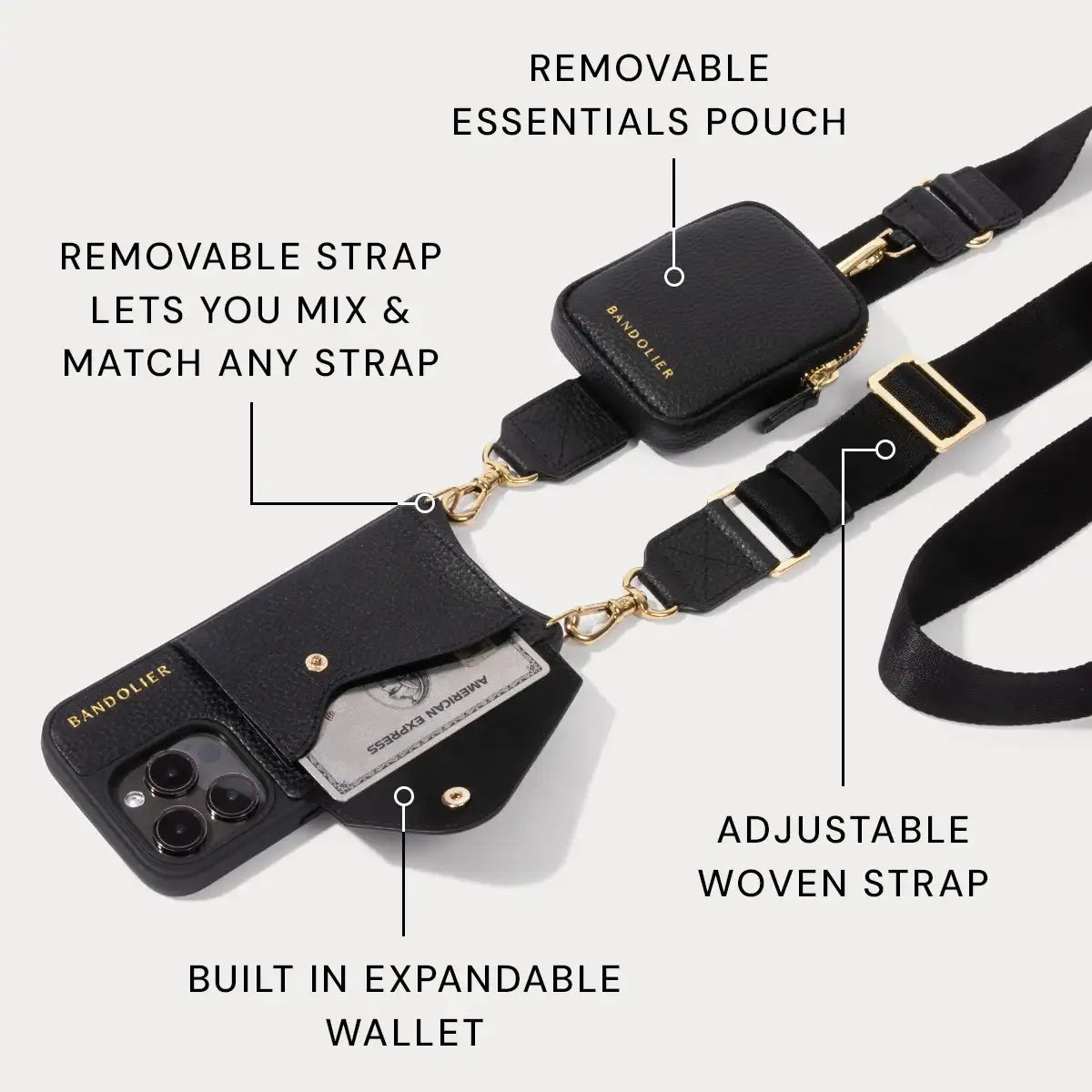Bodie Crossbody with Mini Zip Pouch- Black/Gold