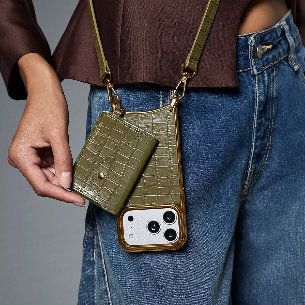 Remi Magnet Wallet Crossbody Phone Case - Olive Croc/Chrome Gold