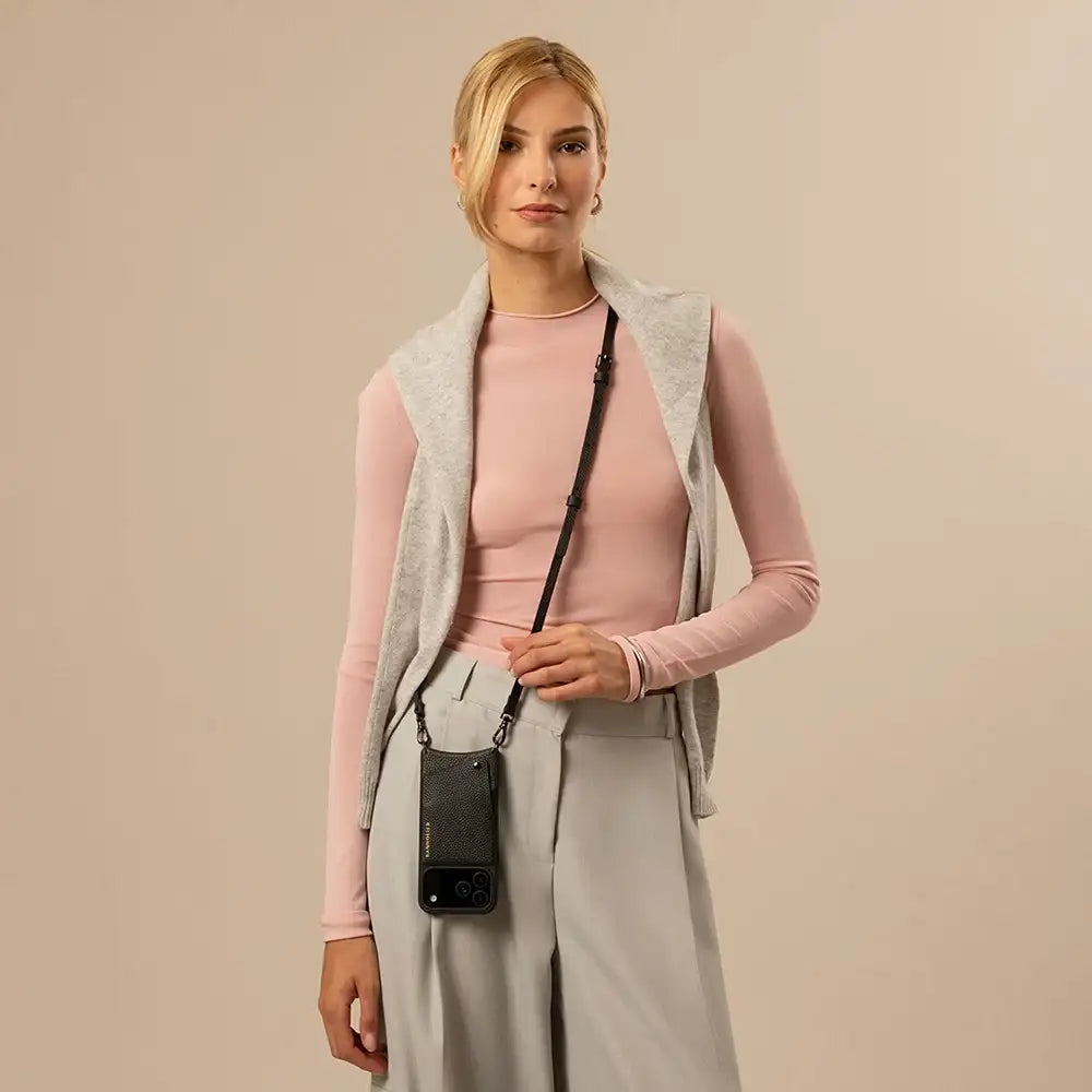 Emma Pebble Leather Crossbody Bandolier - Black/Pewter
