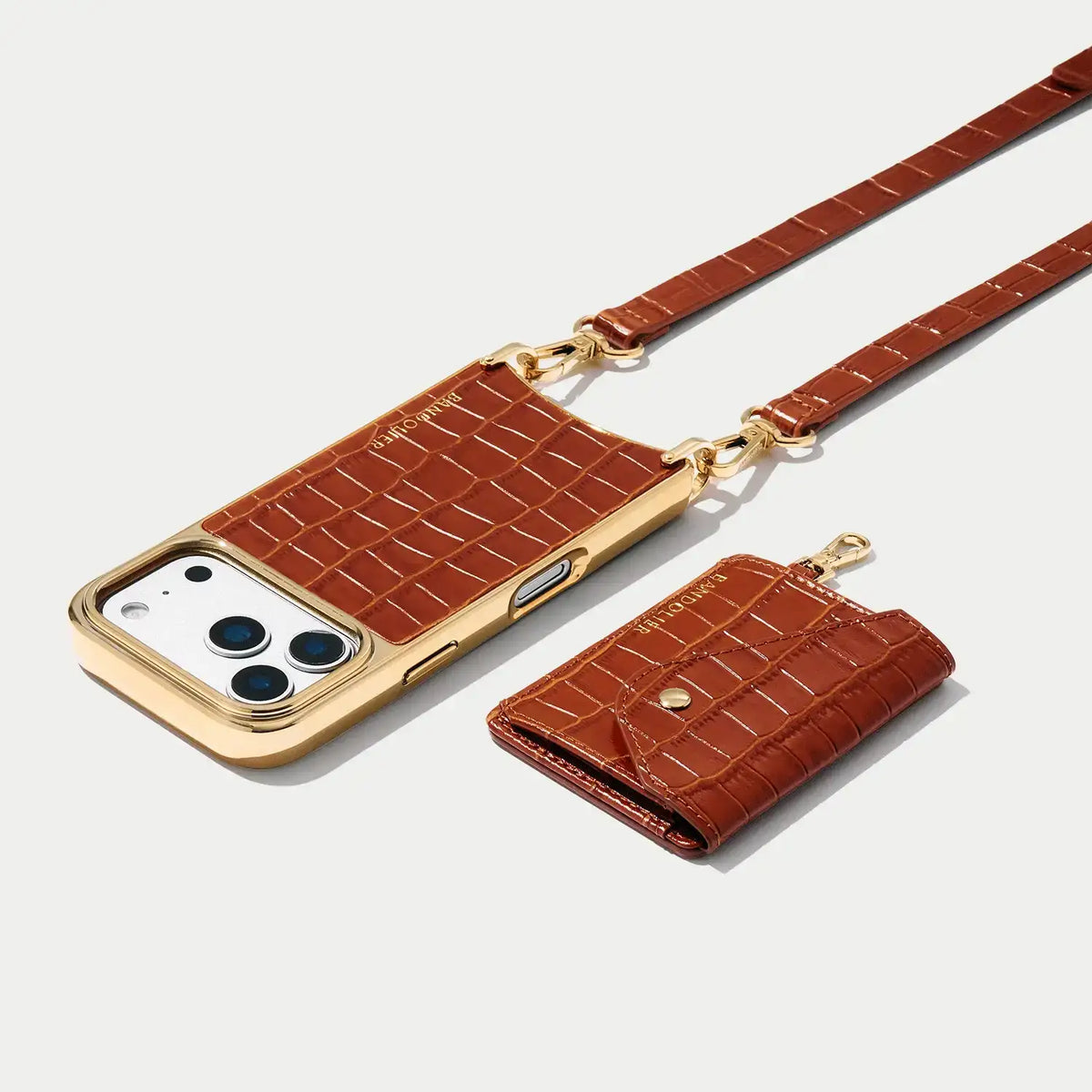 Remi Magnet Wallet Crossbody Phone Case - Auburn Croc/Chrome Gold