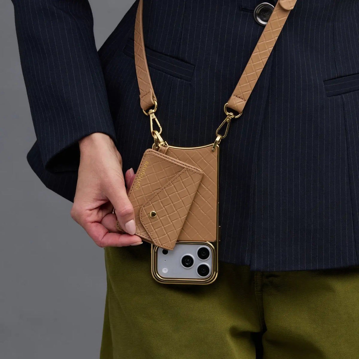 Remi Magnet Wallet Crossbody Phone Case -  Latte Embossed Woven/Chrome Gold