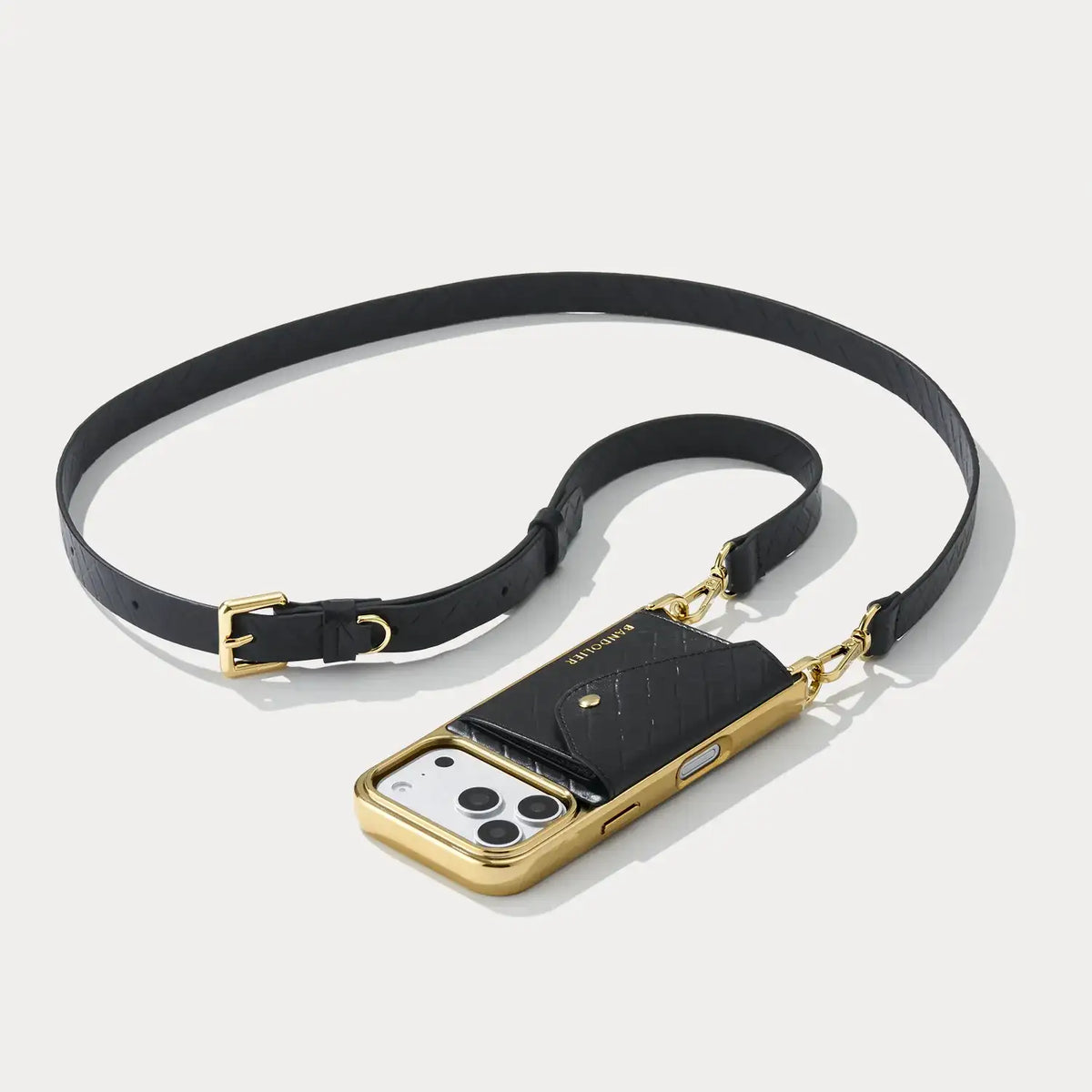 Hailey Chrome Crossbody Phone Case - Black Embossed Woven/Chrome Gold