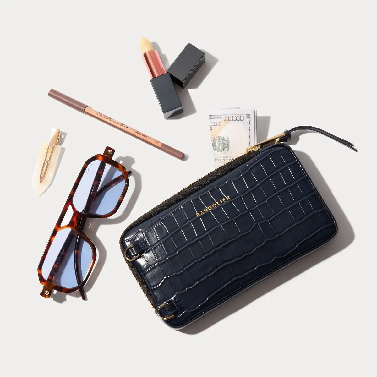 Expanded Zip Pouch - Navy Croc/Gold