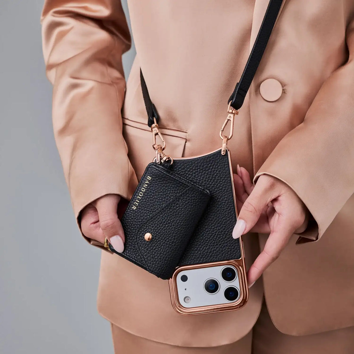 Remi Chrome Magnet Wallet Crossbody Phone Case - Black Chrome/Rose Gold