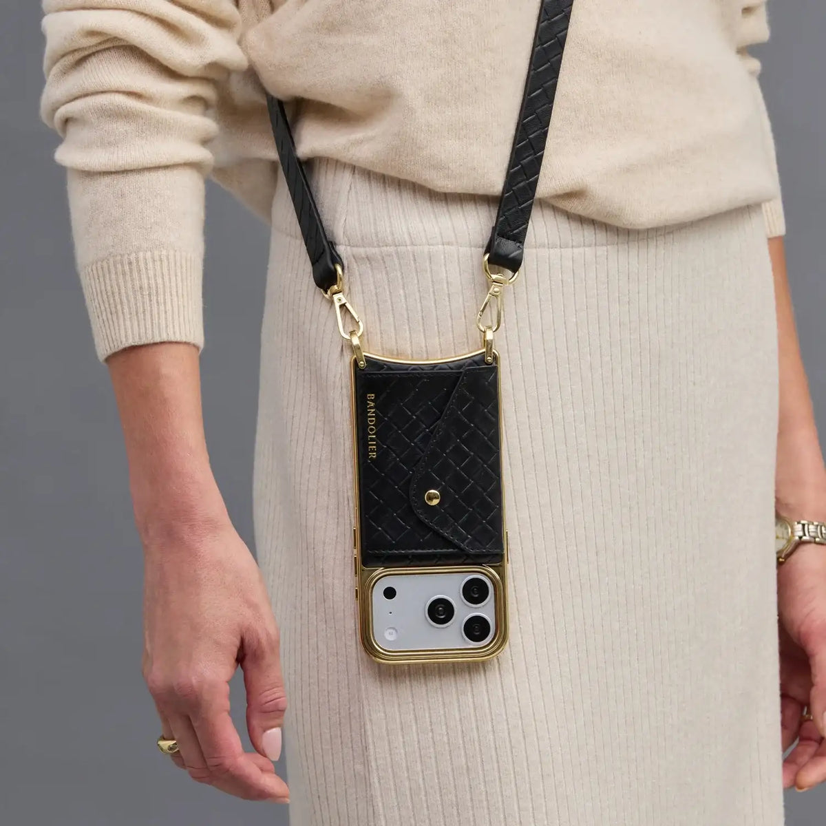 Hailey Chrome Crossbody Phone Case - Black Embossed Woven/Chrome Gold
