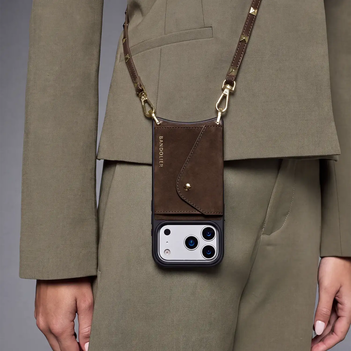 Sarah Side Slot Crossbody Phone Case - Chocolate Suede/Gold
