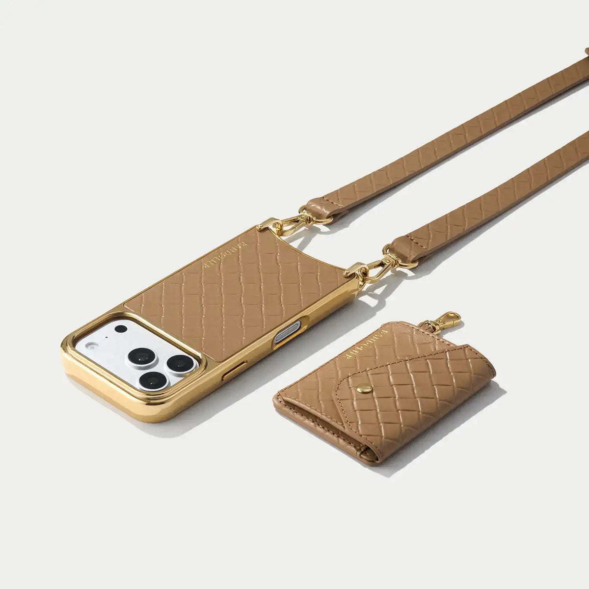Remi Magnet Wallet Crossbody Phone Case -  Latte Embossed Woven/Chrome Gold