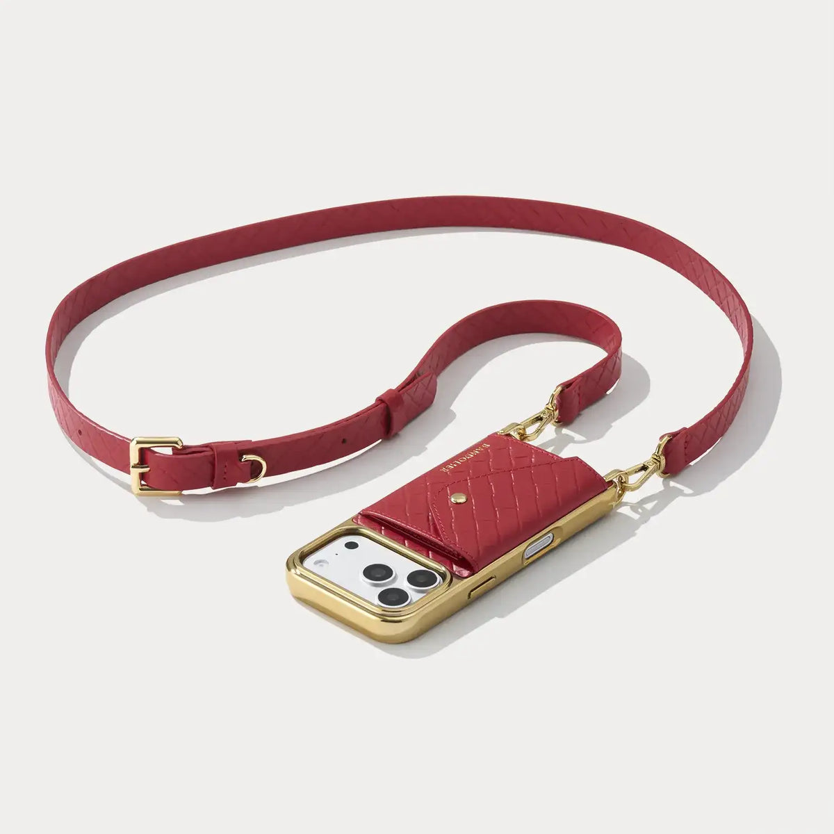 Hailey Chrome Crossbody Phone Case - Tomato Red  Embossed Woven/Chrome Gold