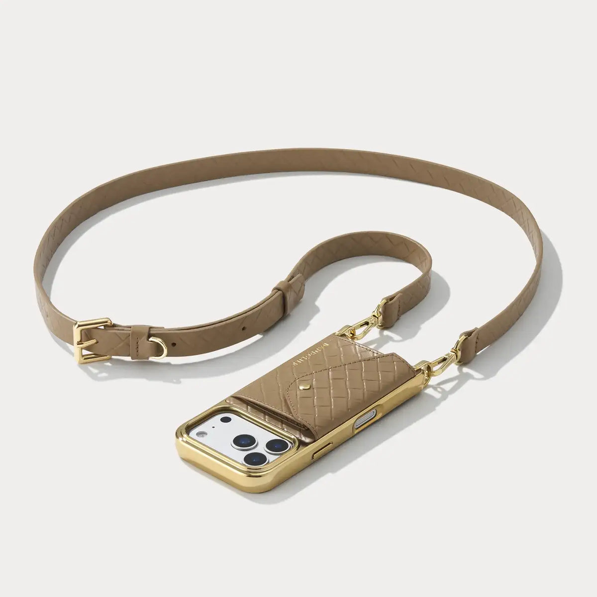 Hailey Chrome Crossbody Phone Case - Latte Embossed Woven/Chrome Gold