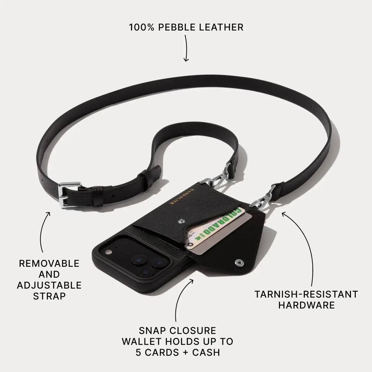 Hailey Side Slot Leather Crossbody Bandolier - Black/Silver