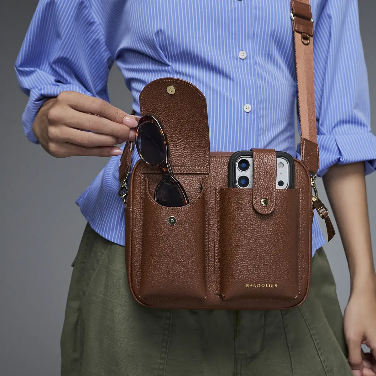 Dillon Dual Pocket Crossbody Bag - Cognac/Gold