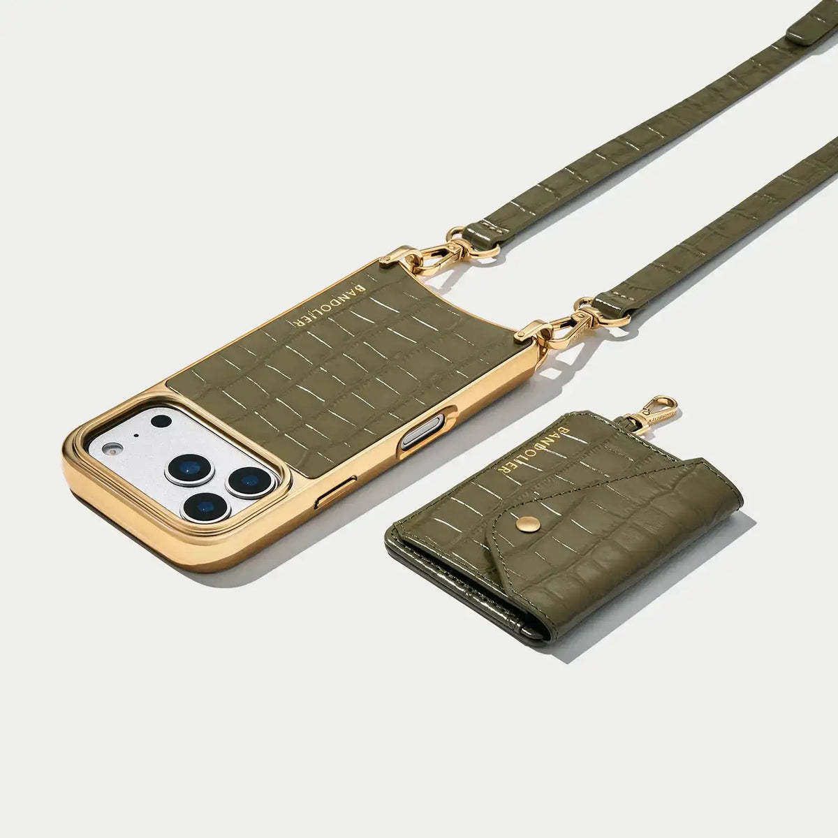 Remi Magnet Wallet Crossbody Phone Case - Olive Croc/Chrome Gold