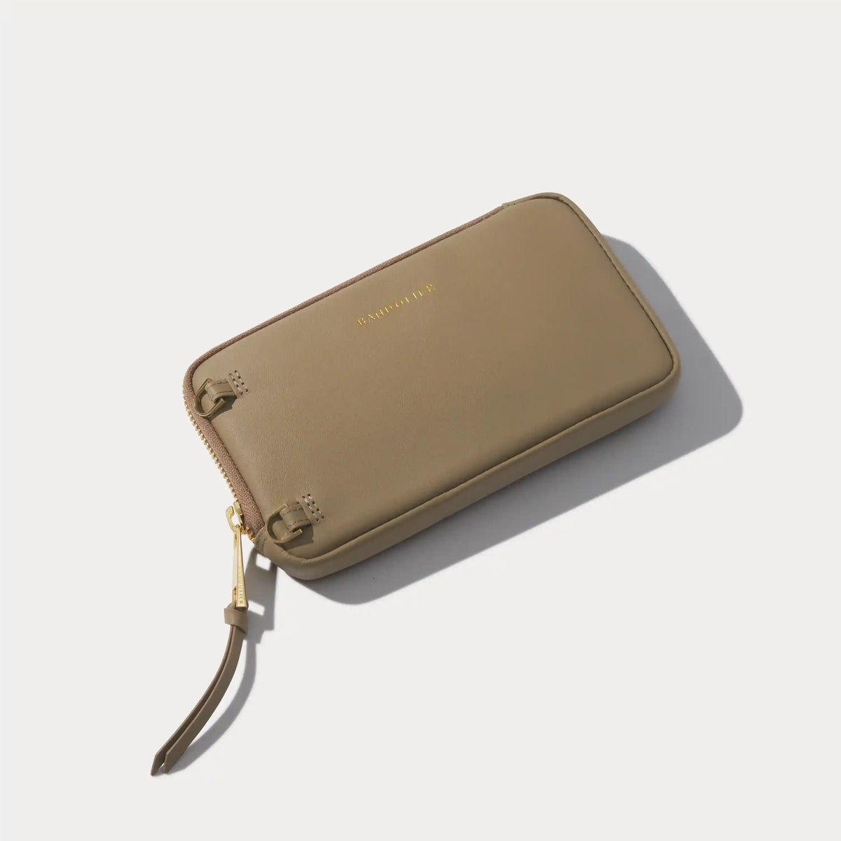 Smooth Leather Expanded Zip Pouch - Khaki/Gold