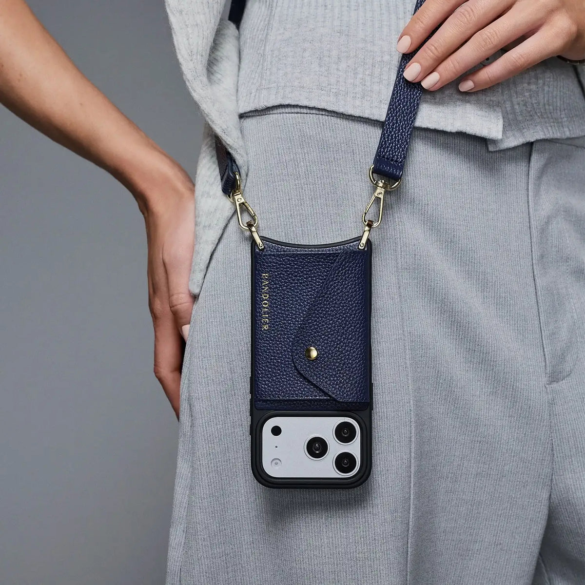 Hailey Side Slot Leather Crossbody Bandolier - Navy/Gold