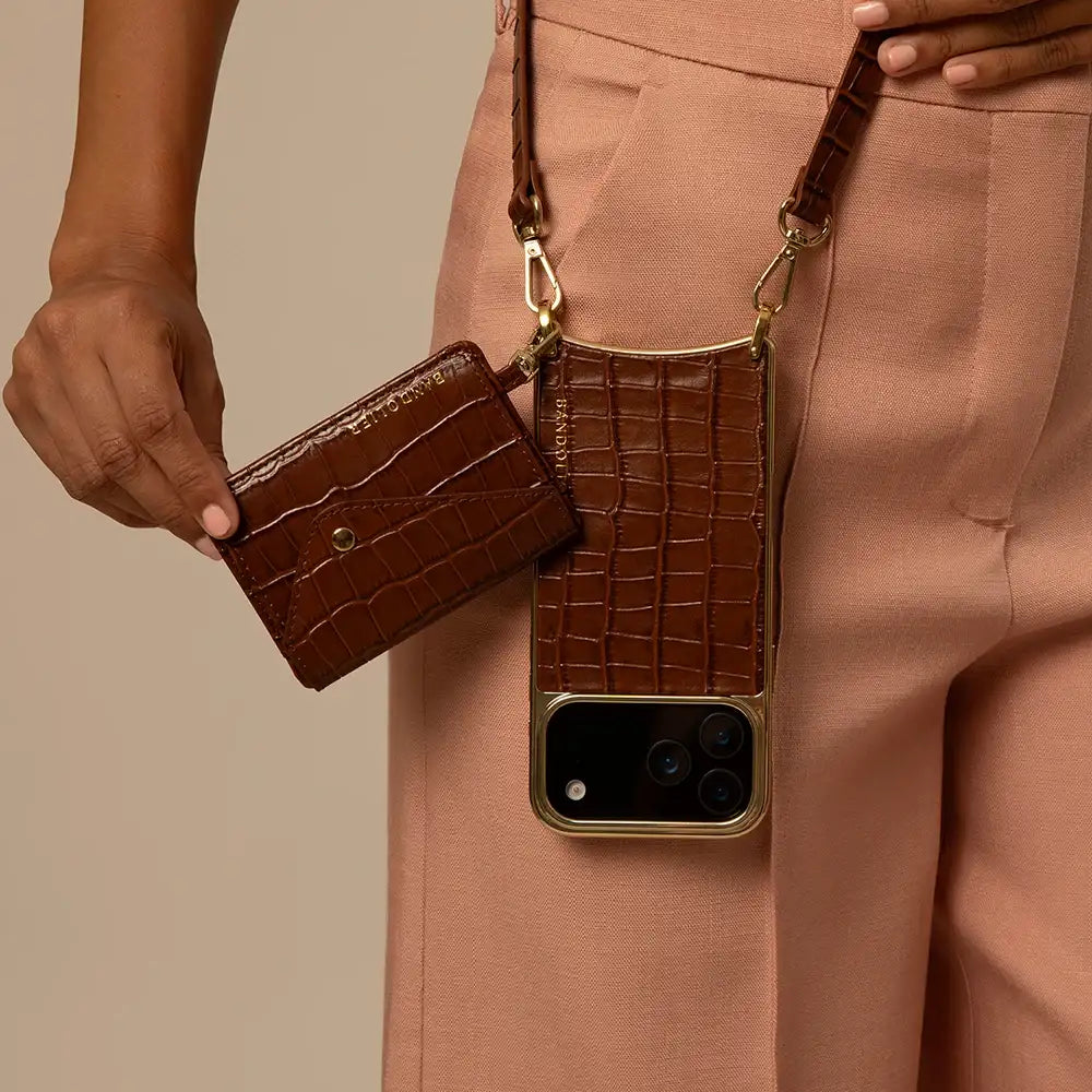 Remi Magnet Wallet Crossbody Phone Case - Brown Croc/Gold