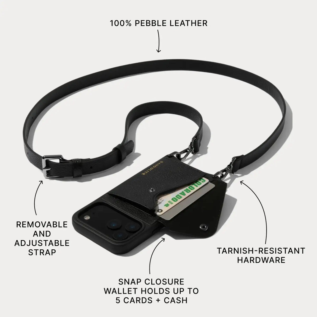 Hailey Side Slot Leather Crossbody Bandolier - Black/Pewter