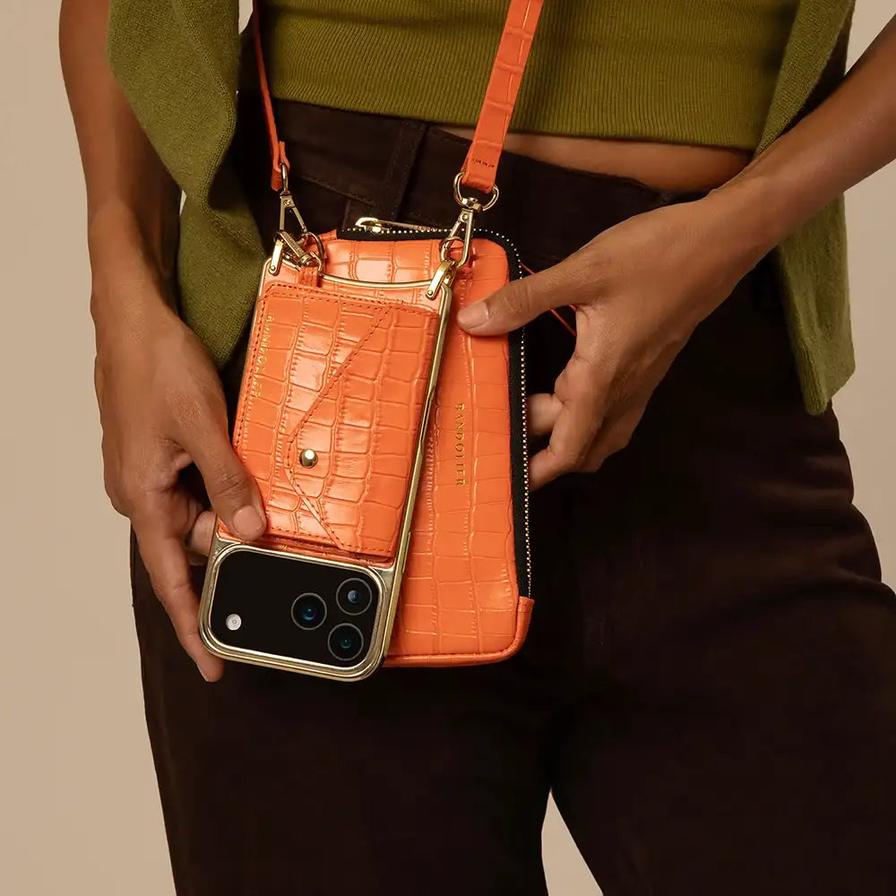 Expanded Zip Pouch - Orange Croc/Gold