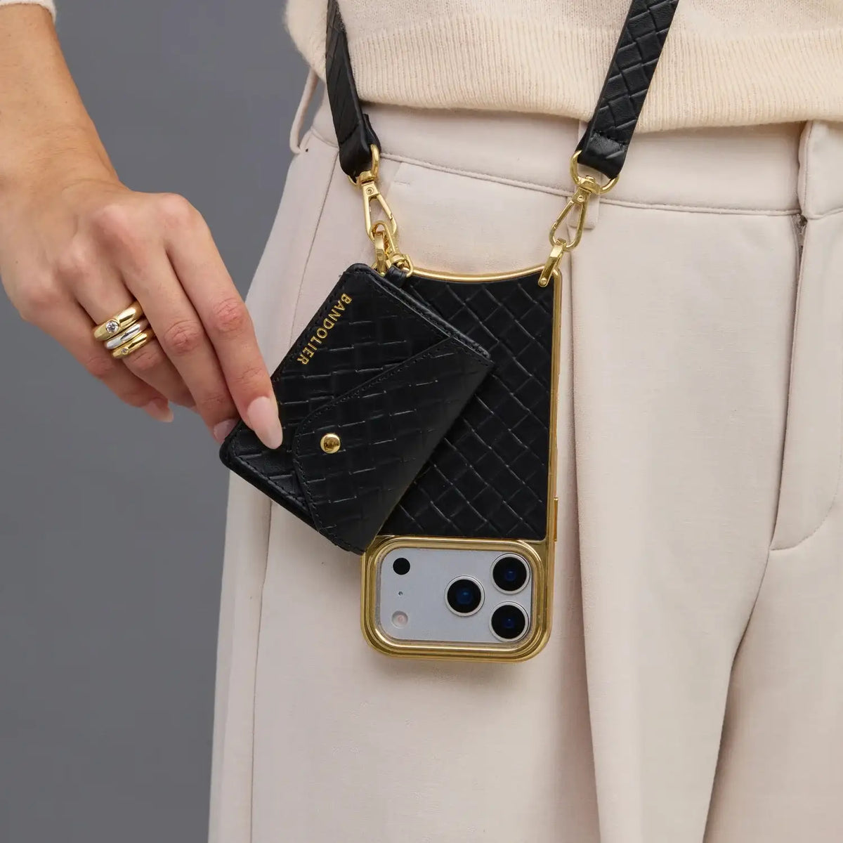 Remi Magnet Wallet Crossbody Phone Case - Black Embossed Woven/Chrome Gold