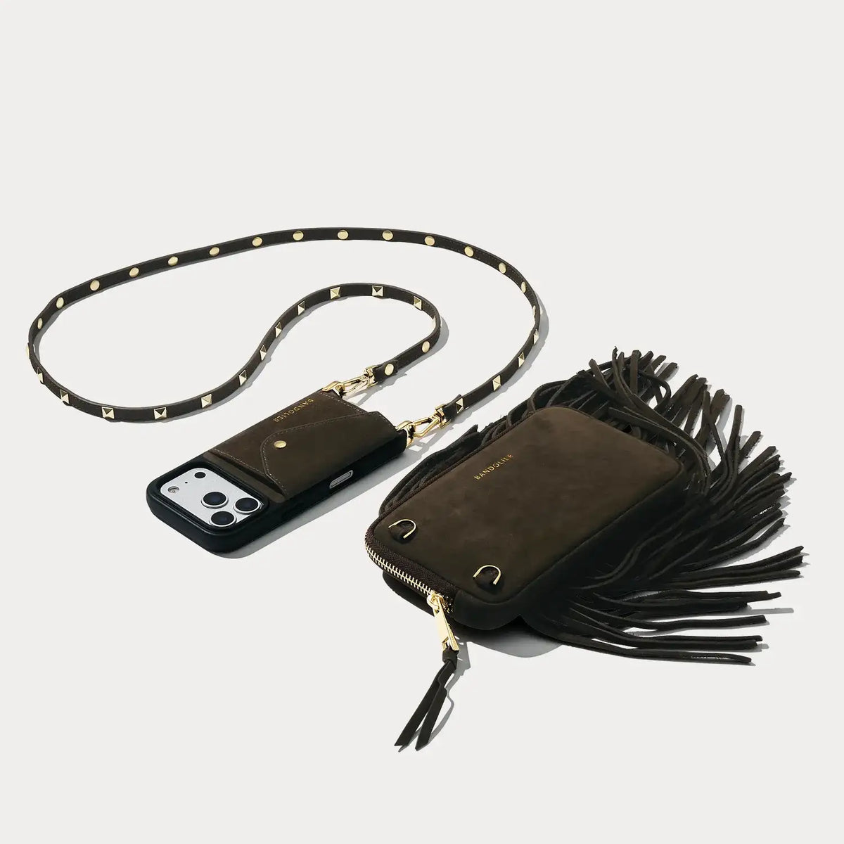 Sarah Fringe Pouch Set - Chocolate Suede/Gold