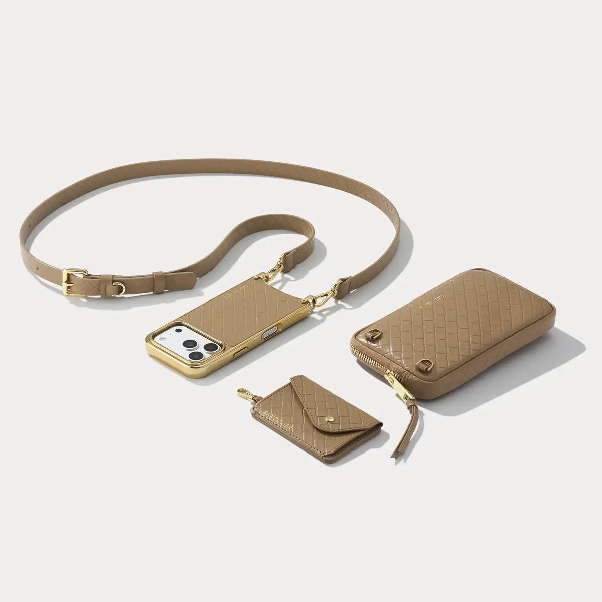Remi Magnet Wallet Crossbody Phone Case Pouch Set - Latte Embossed Woven/Chrome Gold