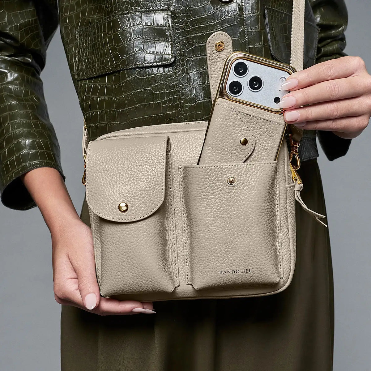 Dillon Dual Pocket Crossbody Bag - Stone/Gold