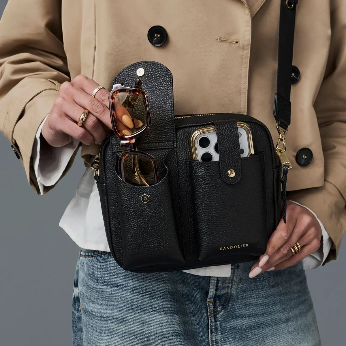 Dillon Dual Pocket Crossbody Bag - Black/Gold