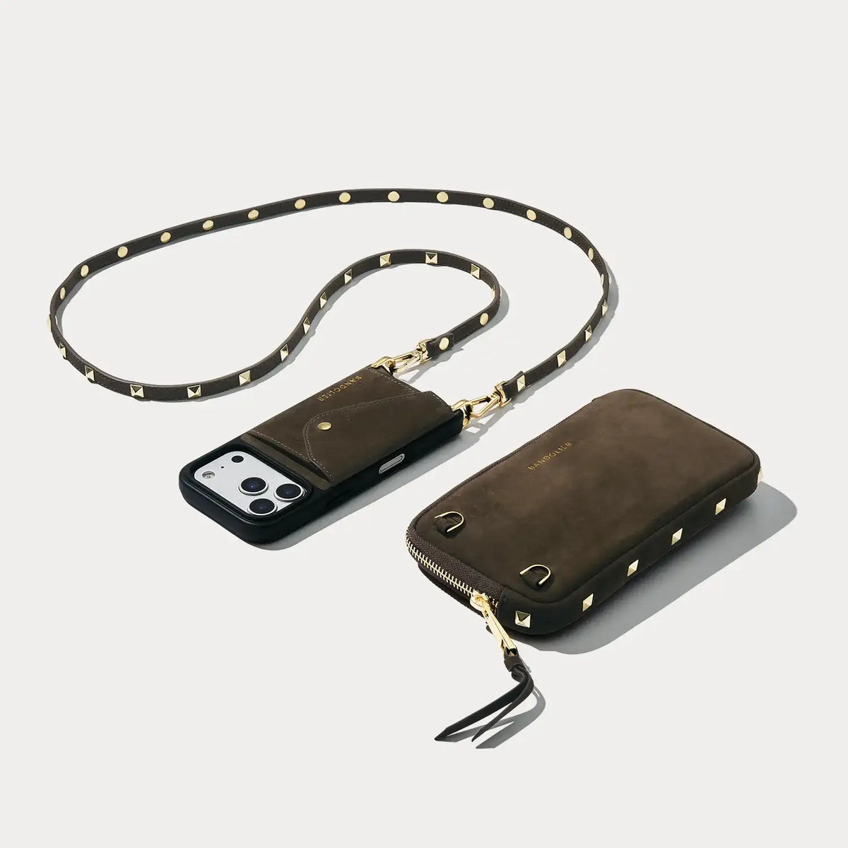 Sarah Studded Pouch Set - Chocolate Suede/Gold