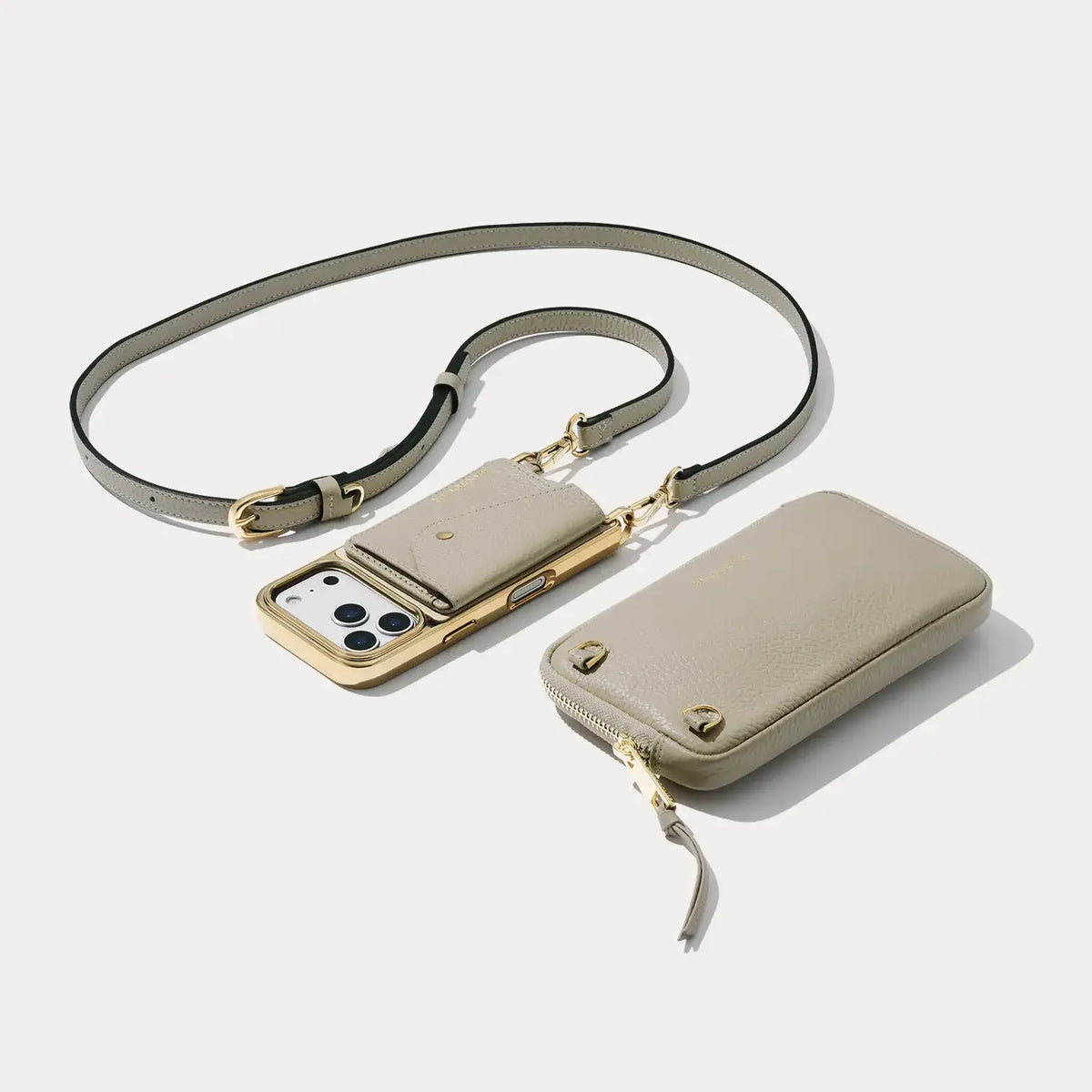 Remi Magnet Wallet Crossbody Phone Case Pouch Set - Stone/Chrome Gold