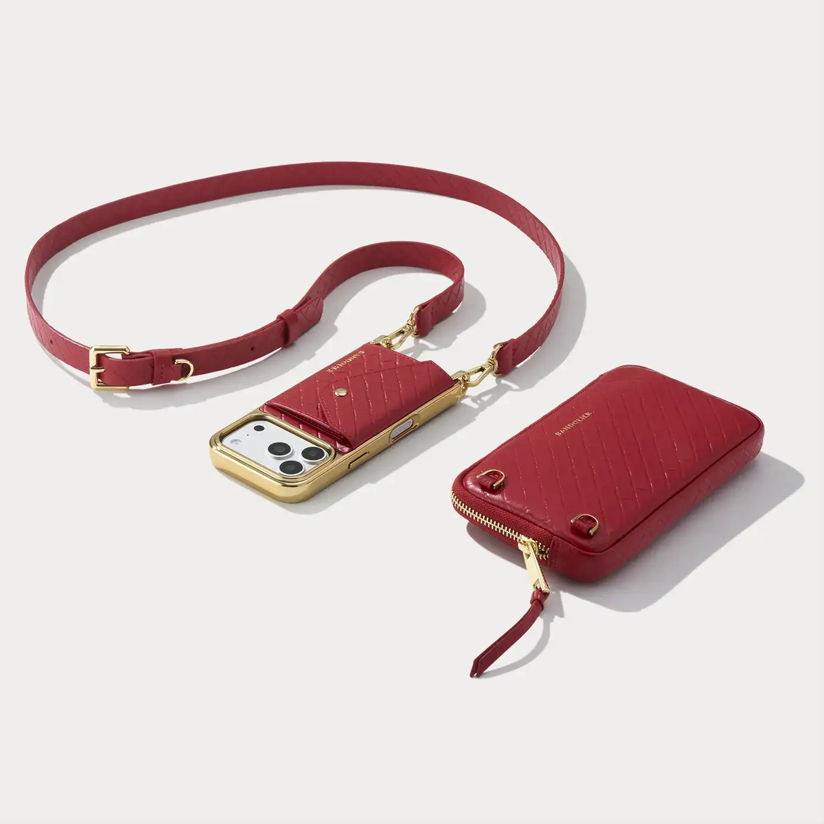 Hailey Pouch Set - Tomato Red  Embossed Woven/Chrome Gold