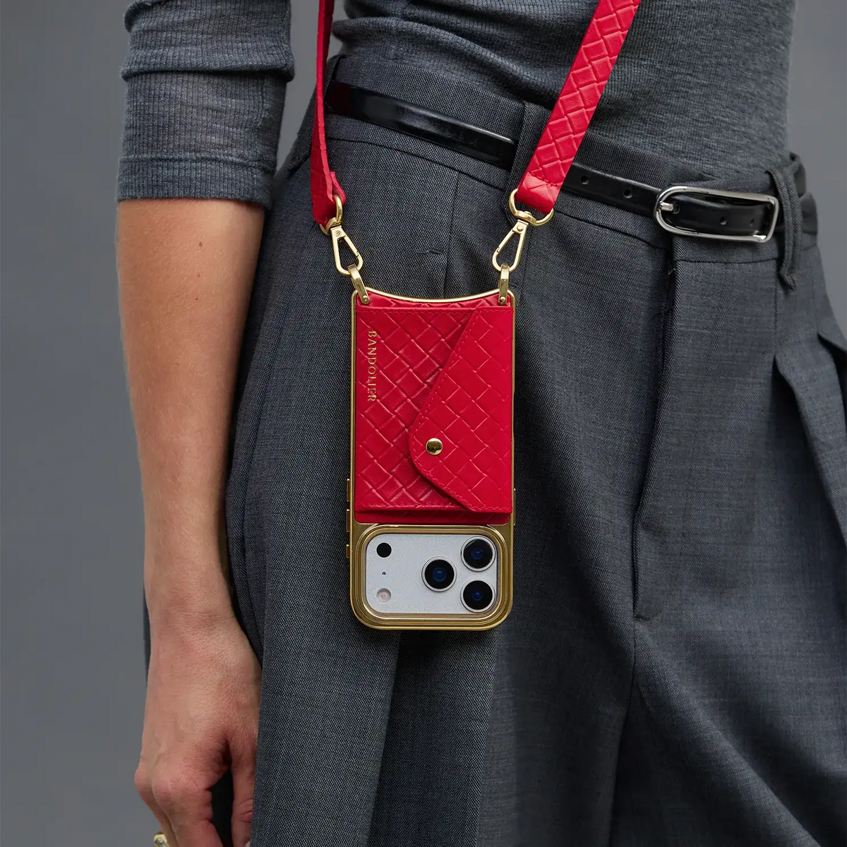 Hailey Chrome Crossbody Phone Case - Tomato Red  Embossed Woven/Chrome Gold