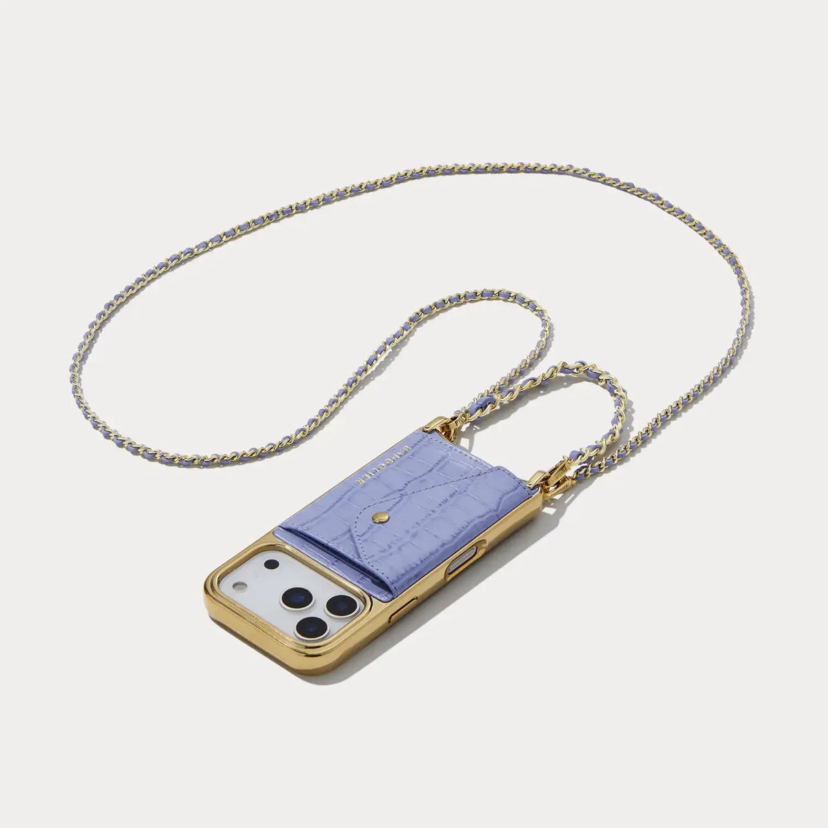 Lily Chrome Side Slot Leather Crossbody Bandolier Set - Lavender Croc/Chrome Gold