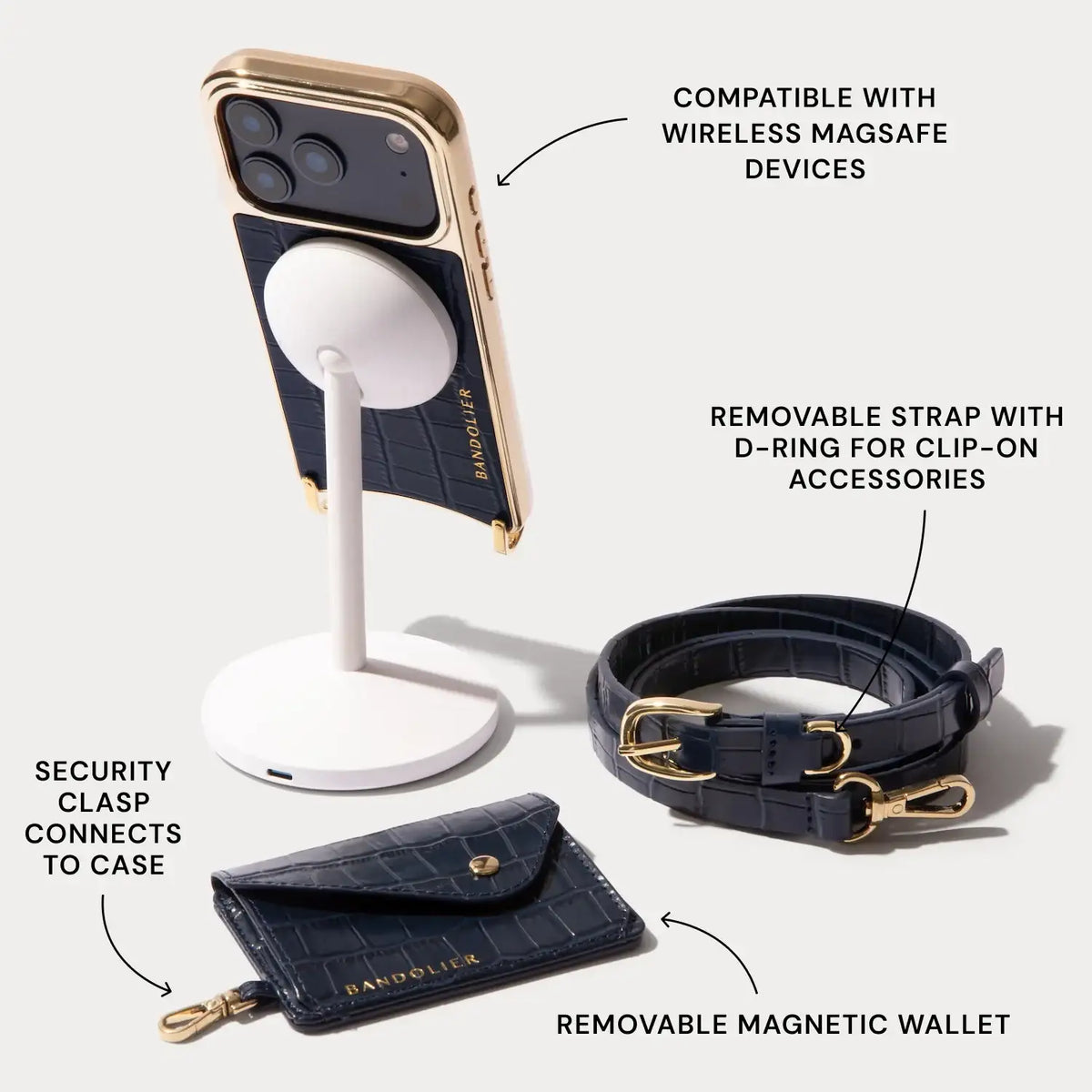 Remi Magnet Wallet Crossbody Phone Case - Navy Croc/Gold