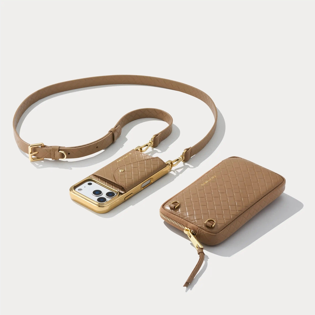 Hailey Pouch Set - Latte Embossed Woven/Chrome Gold